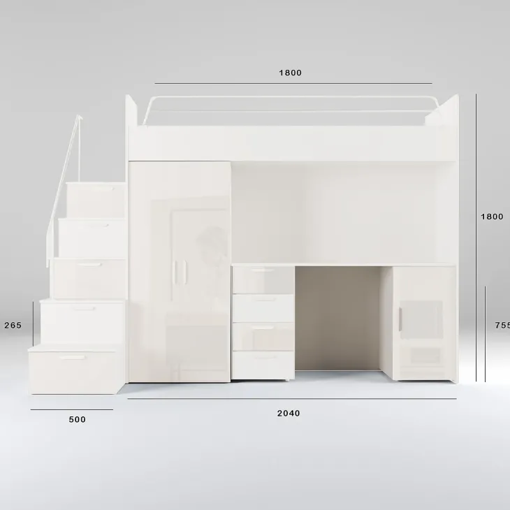 Cameretta 254x120cm 1 letto soppalco bianco lucido Simone Gihome®