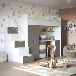 Cameretta 254x120cm 1 letto soppalco bianco grigio lucido Simone Gihome®
