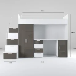 Cameretta 254x120cm 1 letto soppalco bianco grigio lucido Simone Gihome®