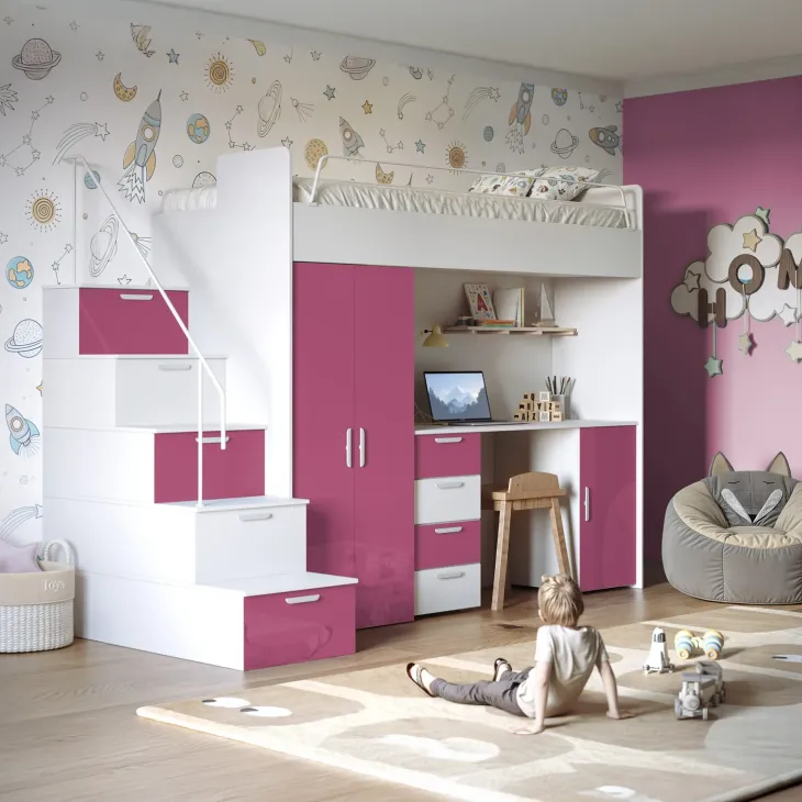 Cameretta 254x120cm 1 letto soppalco bambini bianco fucsia lucido Simone Gihome®