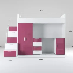Cameretta 254x120cm 1 letto soppalco bambini bianco fucsia lucido Simone Gihome®