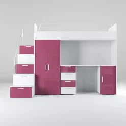 Cameretta 254x120cm 1 letto soppalco bambini bianco fucsia lucido Simone Gihome®
