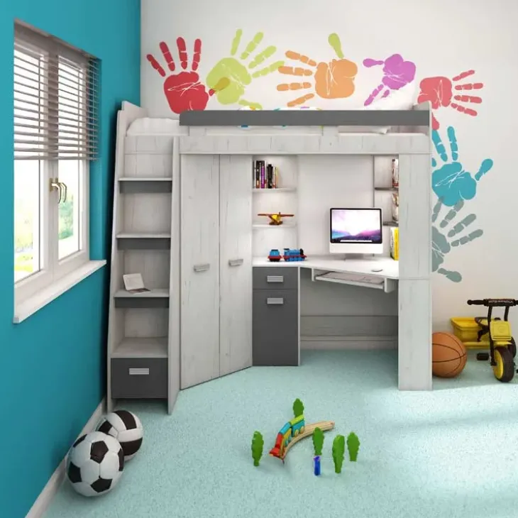 Cameretta 204x120cm sinistra bambini completa 1 letto singolo bianco pino grafite Dollie Gihome®