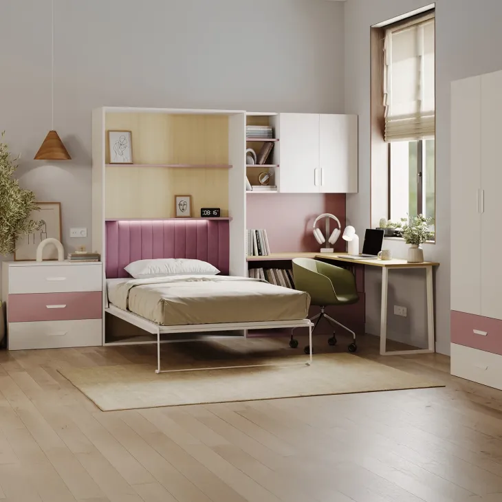 Cameretta 253x208h cm con letto a scomparsa e scrivania cashmere rosa Colorful
