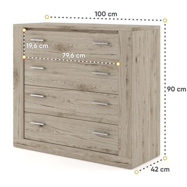 Cassettiera moderna 100x90h cm 4 cassetti rovere Ombra
