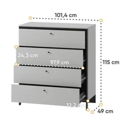 Cassettiera 101x115h cm 4 cassetti con LED grigio nero Luna