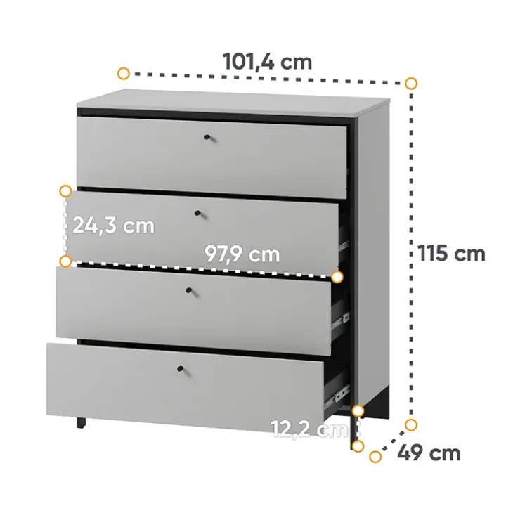 Cassettiera 101x115h cm 4 cassetti con LED grigio nero Luna