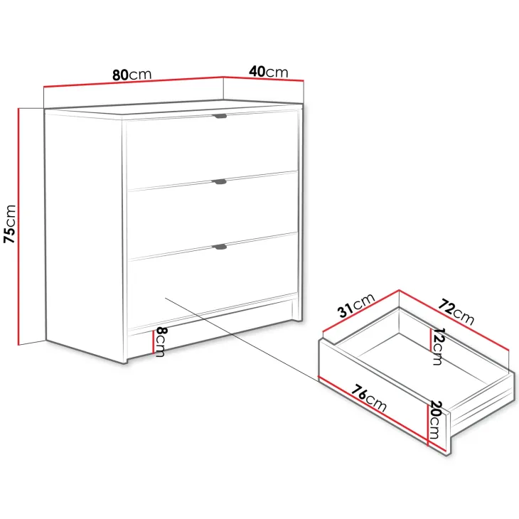Cassettiera 80x75h cm 3 cassetti moderna bianco Athena