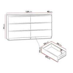 Cassettiera 139x77h cm 6 cassetti moderna bianco Rotterdam
