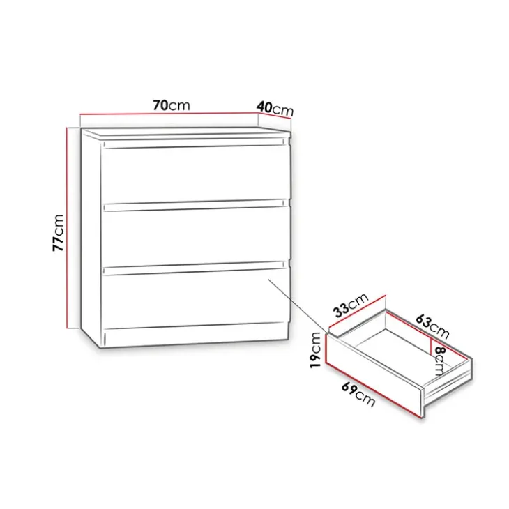 Cassettiera 70x77h cm 3 cassetti moderna bianco Rotterdam