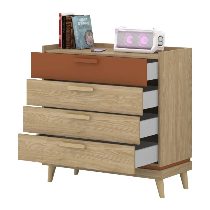 Cassettiera 90x90h cm 4 cassetti rovere rosso mattone Yu