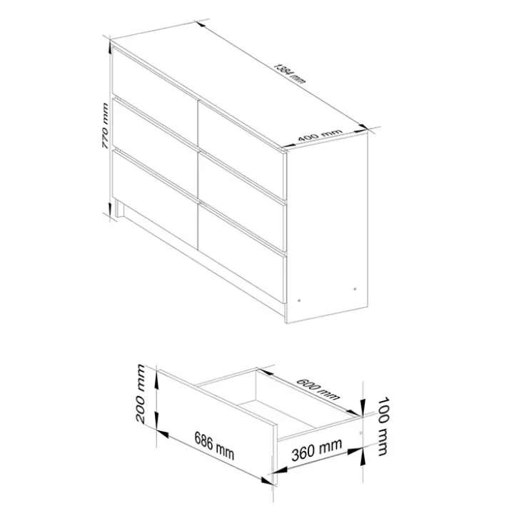 Cassettiera 140x77h cm moderna 6 cassetti bianco Living