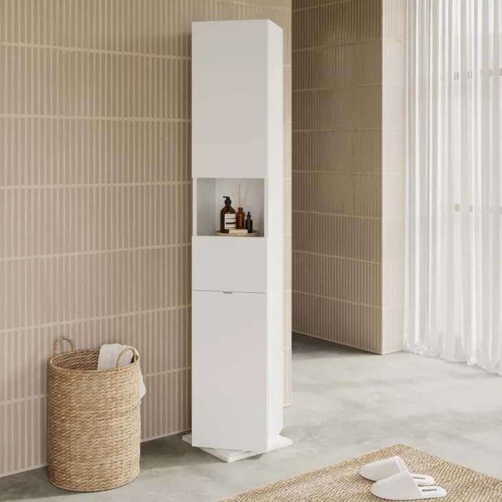 Colonna bagno girevole 35x185h cm con specchio e gancio bianco lucido Turny