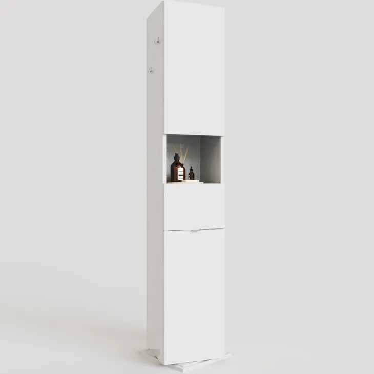 Colonna bagno girevole 35x185h cm con specchio e gancio bianco lucido Turny