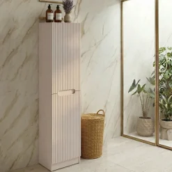 Colonna bagno lavanderia 35x180h cm con portabiancheria cannettato beige Cleany