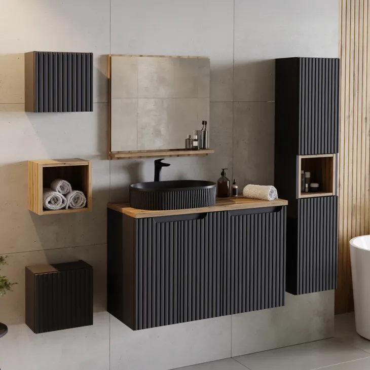 Colonna bagno sospesa 30x140h cm cannettato 2 ante nero Cleany