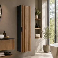 Colonna bagno sospesa 35x140h cm cannettato 1 anta quercia antracite Limpid