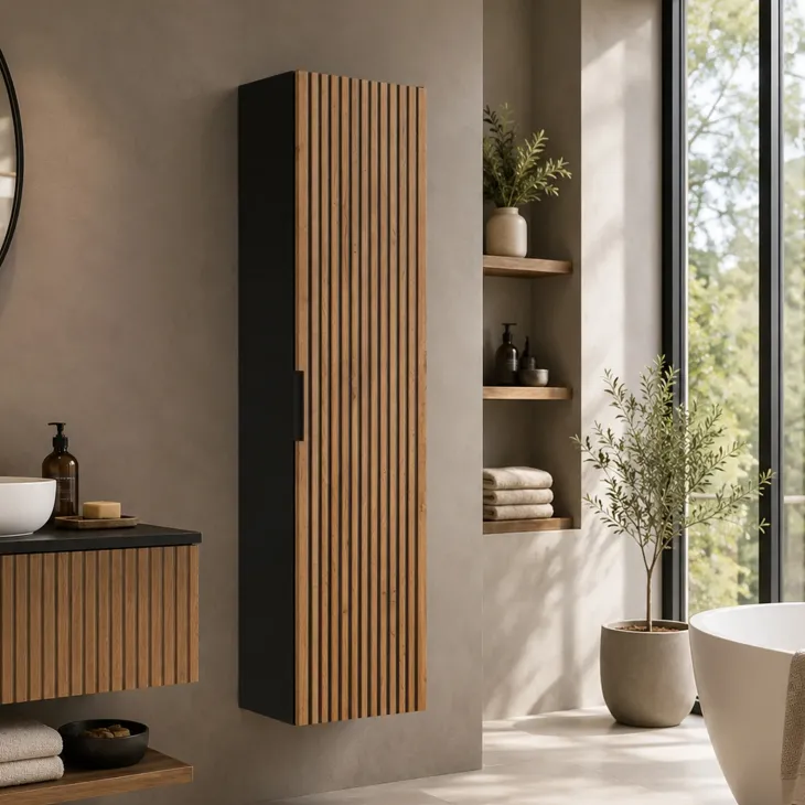 Colonna bagno sospesa 35x140h cm cannettato 1 anta quercia antracite Limpid