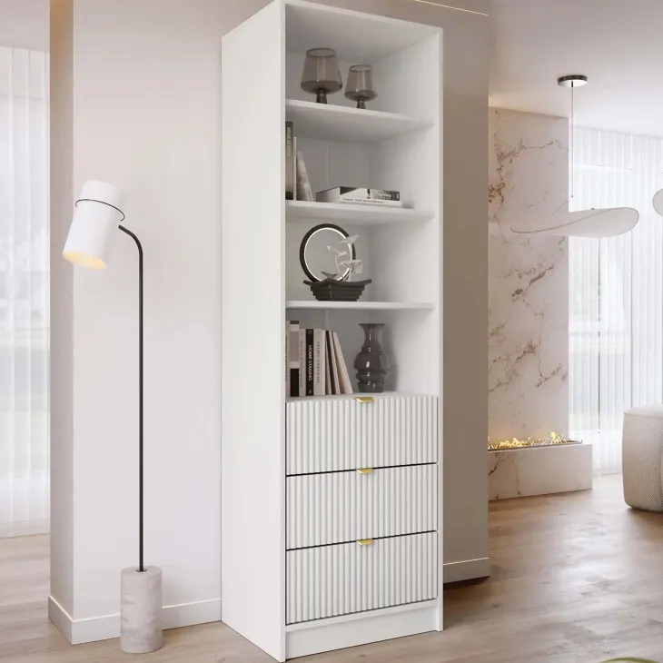 Colonna libreria 60x180h cm 3 cassetti design cannettato bianco Athena