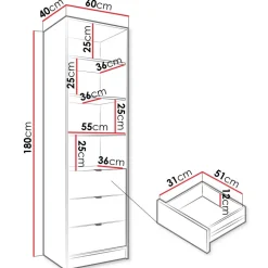 Colonna libreria 60x180h cm 3 cassetti design cannettato bianco Athena