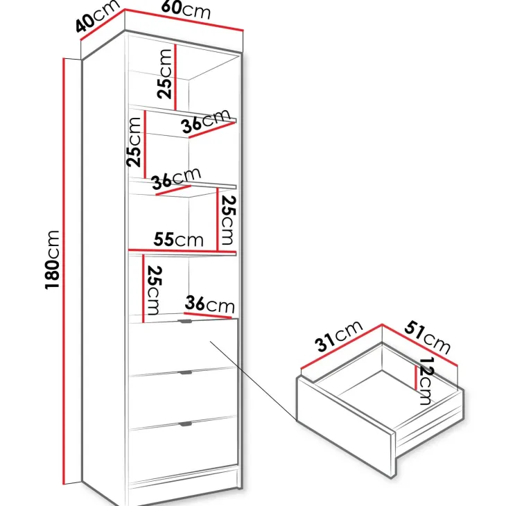 Colonna libreria 60x180h cm 3 cassetti design cannettato bianco Athena