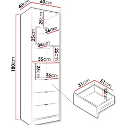 Colonna libreria 60x180h cm 3 cassetti design cannettato nero Athena