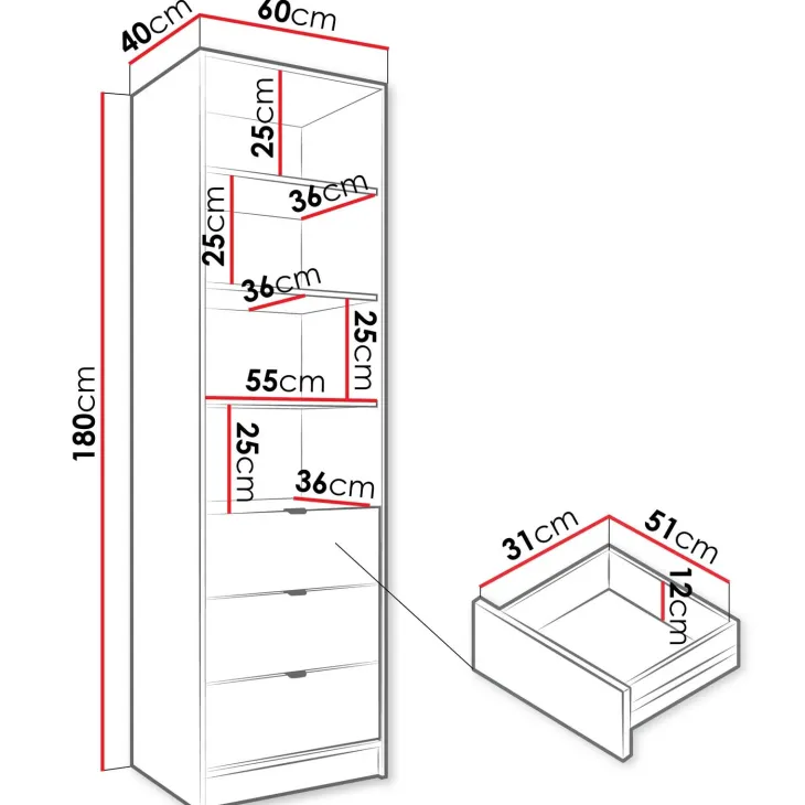 Colonna libreria 60x180h cm 3 cassetti design cannettato nero Athena
