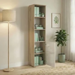 Colonna ufficio 40x176h cm libreria 1 anta e ripiani rovere bianco lucido Time D