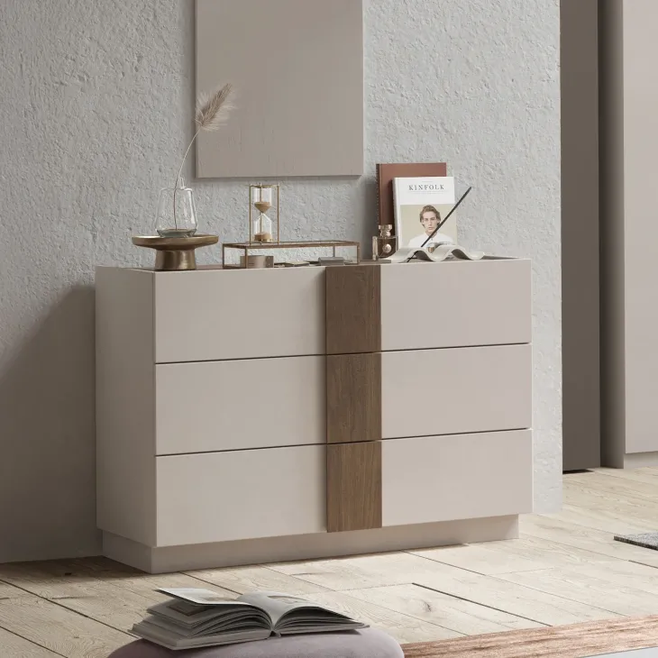 Comò cassettiera multifunzione 110x83h cm 3 cassetti beige cashmere rovere scuro Fummy