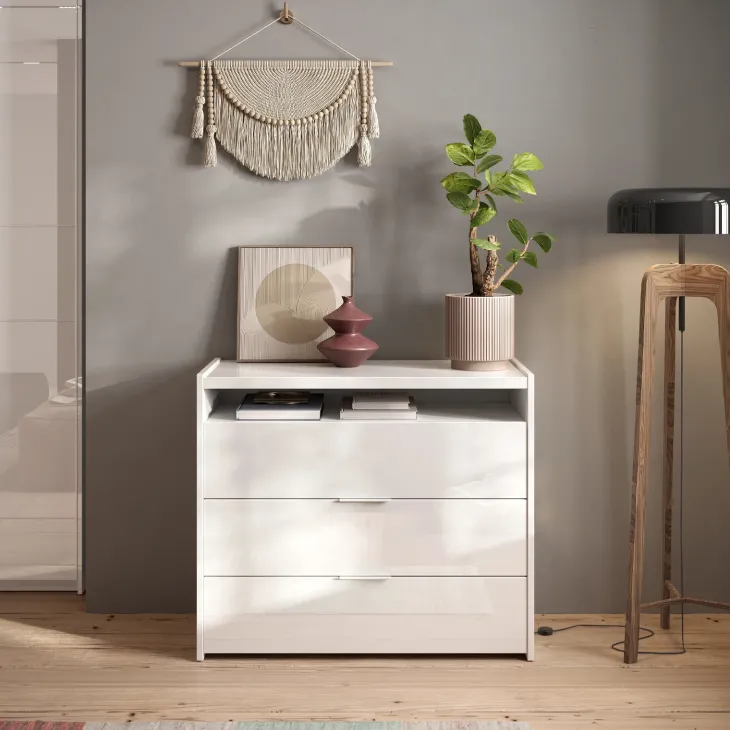 Comò cassettiera multifunzione 110x95cm 3 cassetti bianco lucido Gassy