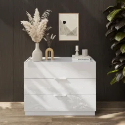 Comò cassettiera multifunzione 110x83h cm 3 cassetti bianco lucido Silky