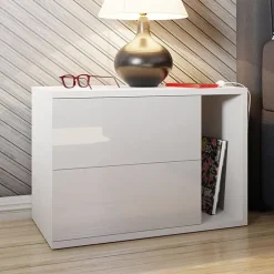 Comodino moderno 57x40h cm 2 cassetti con vano bianco Bird