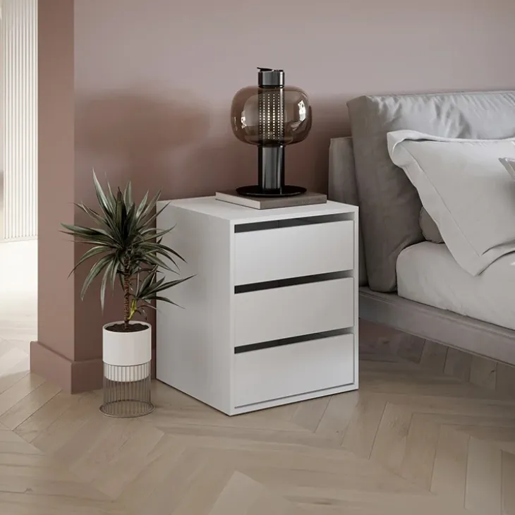 Comodino moderno 50x60h cm 3 cassetti bianco opaco Ombra