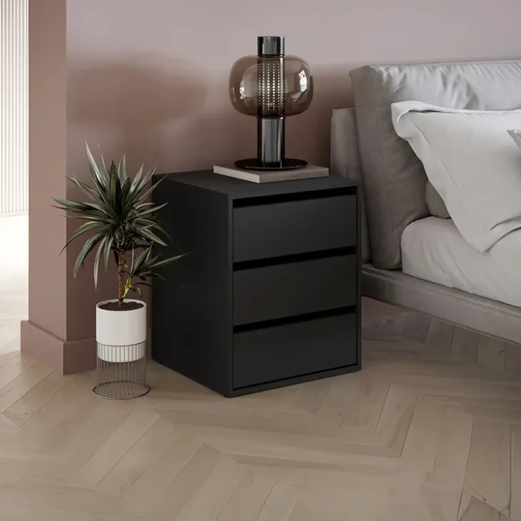 Comodino moderno 50x60h cm 3 cassetti nero Ombra