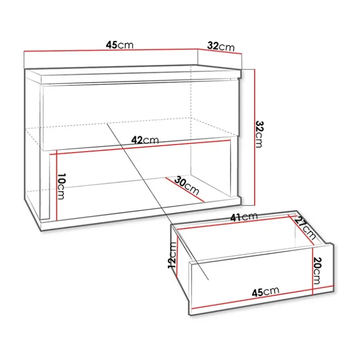 Comodino sospeso 45x32h cm con cassetto bianco Frog