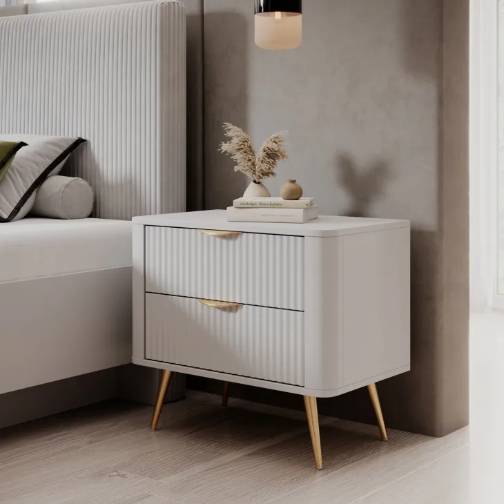 Comodino 63x55h cm 2 cassetti bianco opaco cannettato Ramis