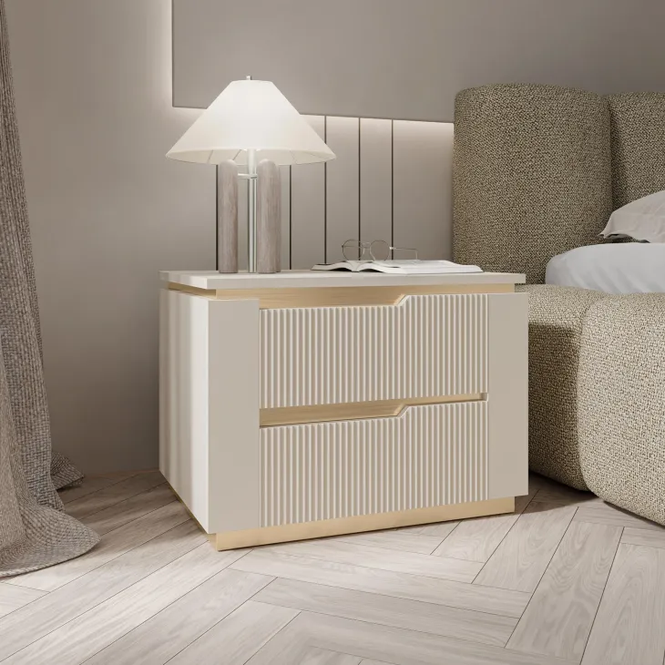 Comodino 56x42h cm 2 cassetti cannettato beige cashmere oro Gatsby
