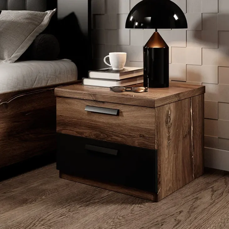 Comodino 46x37h cm 2 cassetti moderno quercia scuro nero Vulcano
