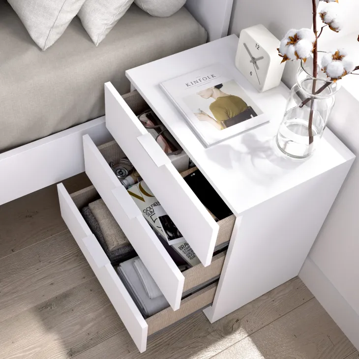 Comodino 50x58h cm 3 cassetti moderno bianco opaco Manuel