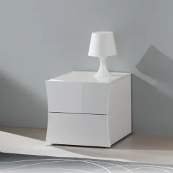 Comodino 50x40h cm 2 cassetti moderno bianco lucido Neve
