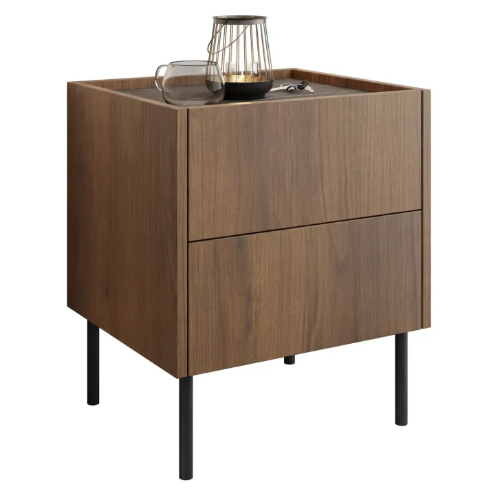 Comodino 40x50h cm 2 cassetti moderno piano effetto marmo nero noce Caliva