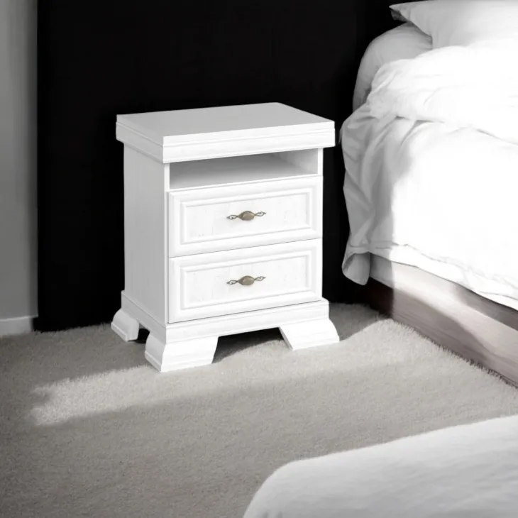 Comodino 58x68h cm 2 cassetti shabby bianco frassinato Kelly