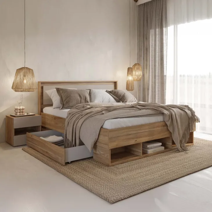 Comodino 46x45h cm 2 cassetti 1 vano a giorno rovere tortora Lise