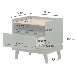 Comodino 50x51h cm 1 cassetto 1 ripiano verde salvia Yu