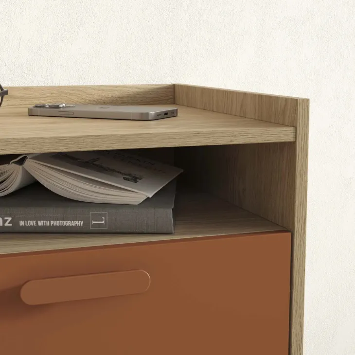 Comodino 50x51h cm 1 cassetto 1 ripiano rovere rosso mattone Yu