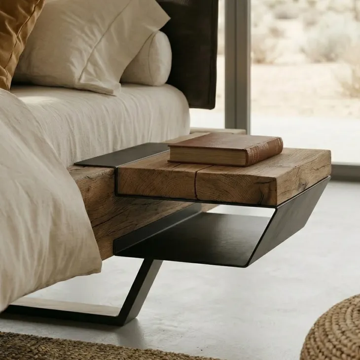 Comodino 39x15h cm sospeso ad incastro legno massello metallo rovere nero Venalia