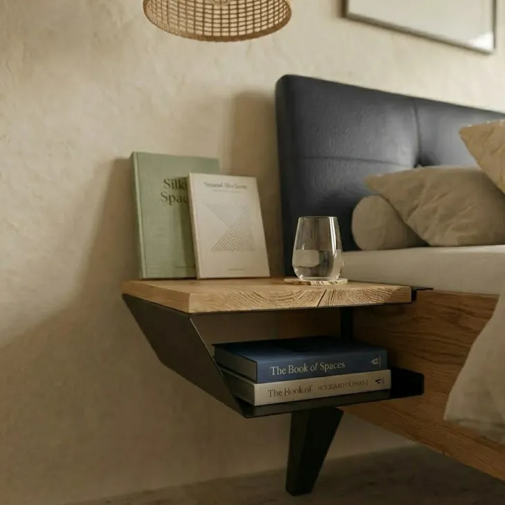 Comodino 33x15h cm sospeso ad incastro legno massello metallo rovere nero Cortelia