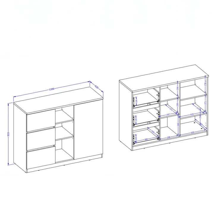 Comò 120x93h cm 1 anta 3 cassetti 3 vani a vista verde salvia rovere Elvira