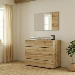 Comò 80x80h cm 4 cassetti con specchio moderno quercia Tamika