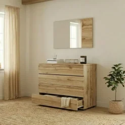 Comò 80x80h cm 4 cassetti con specchio moderno quercia Tamika